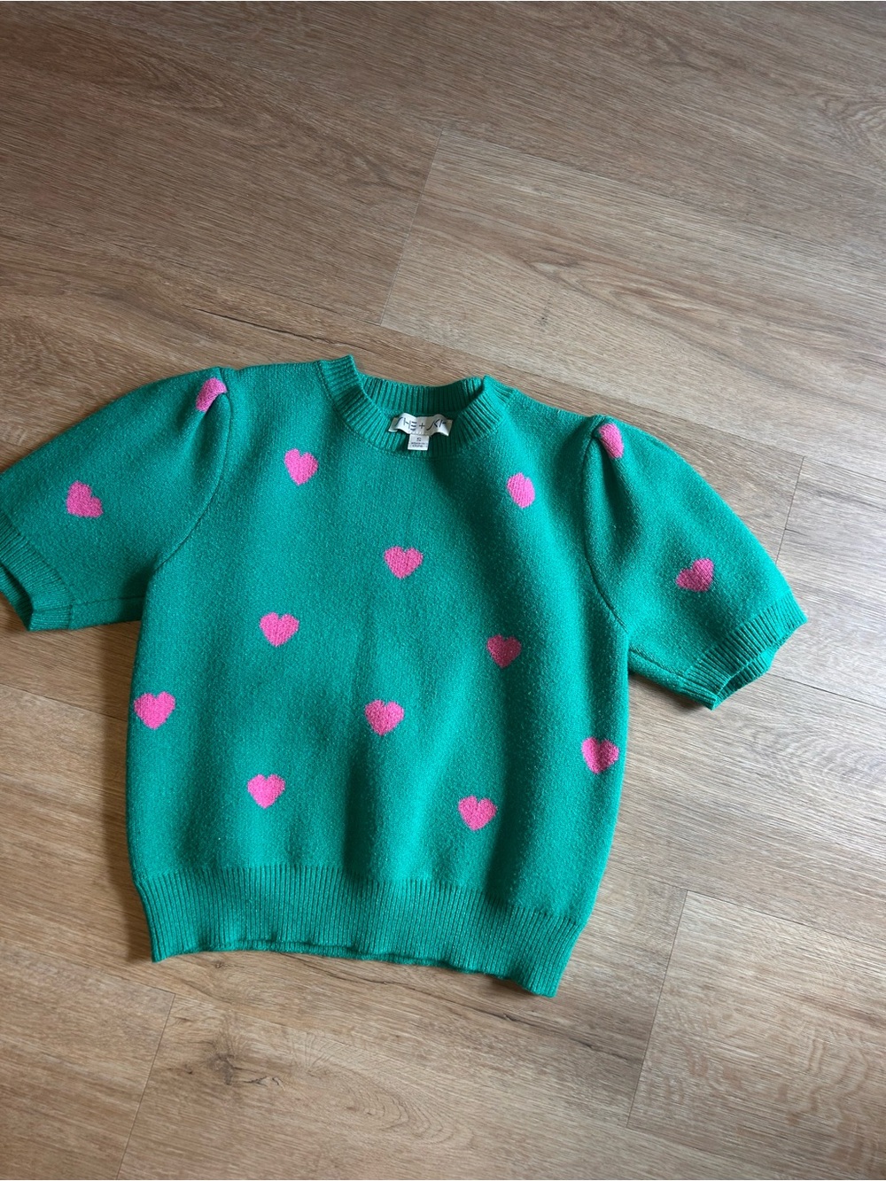 Hem Green Knit Sweater with Pink Heart Accents
